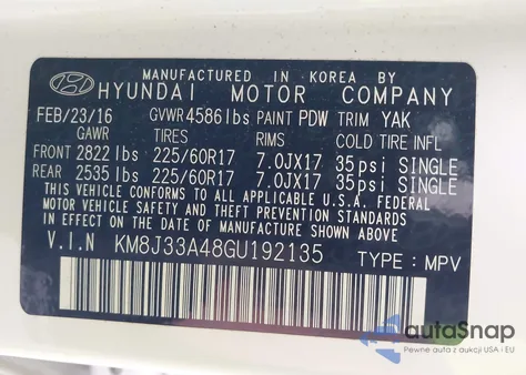 2016 Hyundai Tucson Se z USA, uszkodzony, nr VIN KM8J33A48GU192135